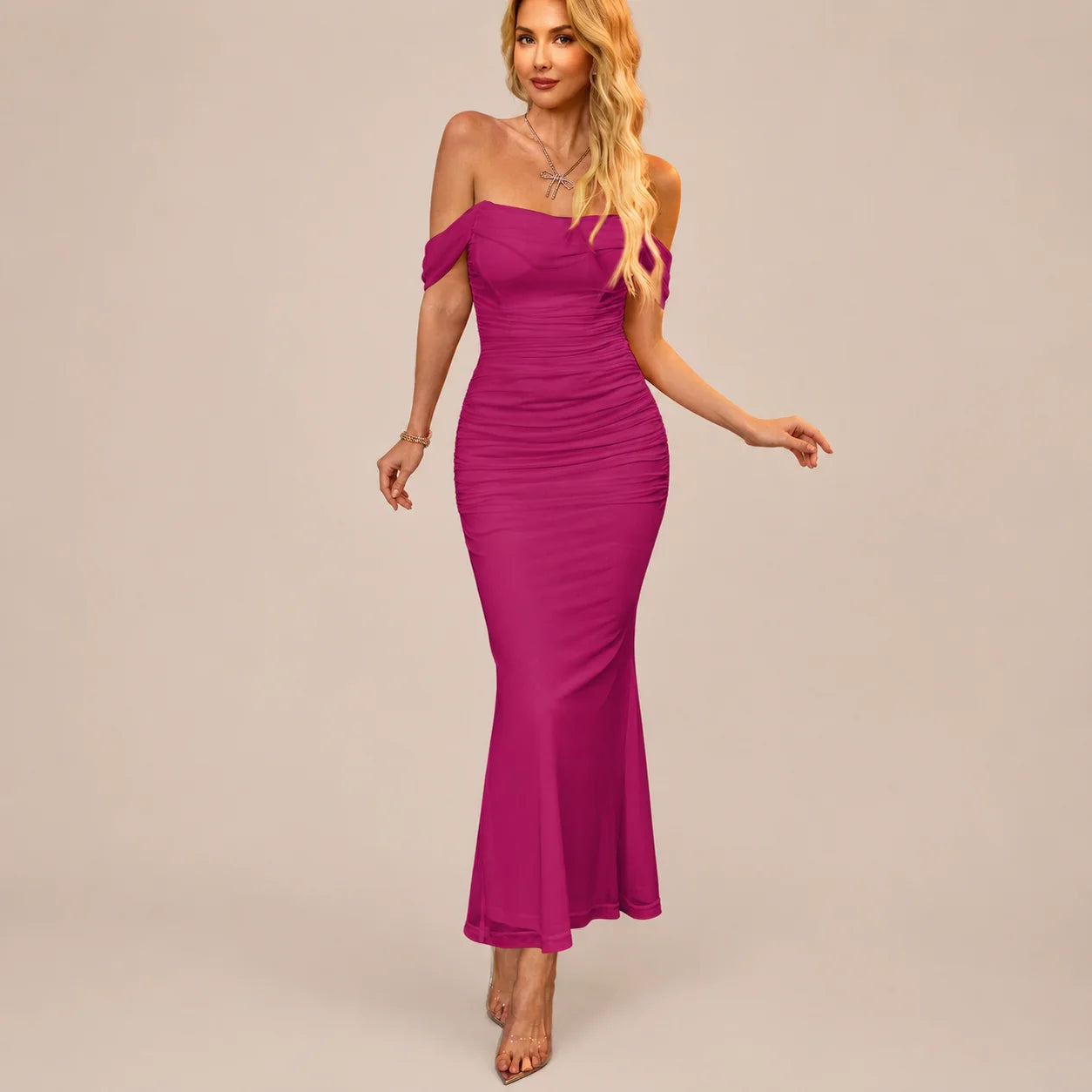 Off-Shoulder Ruched Mesh Bodycon Maxi Dress – Mermaid Evening Gown | Oyese