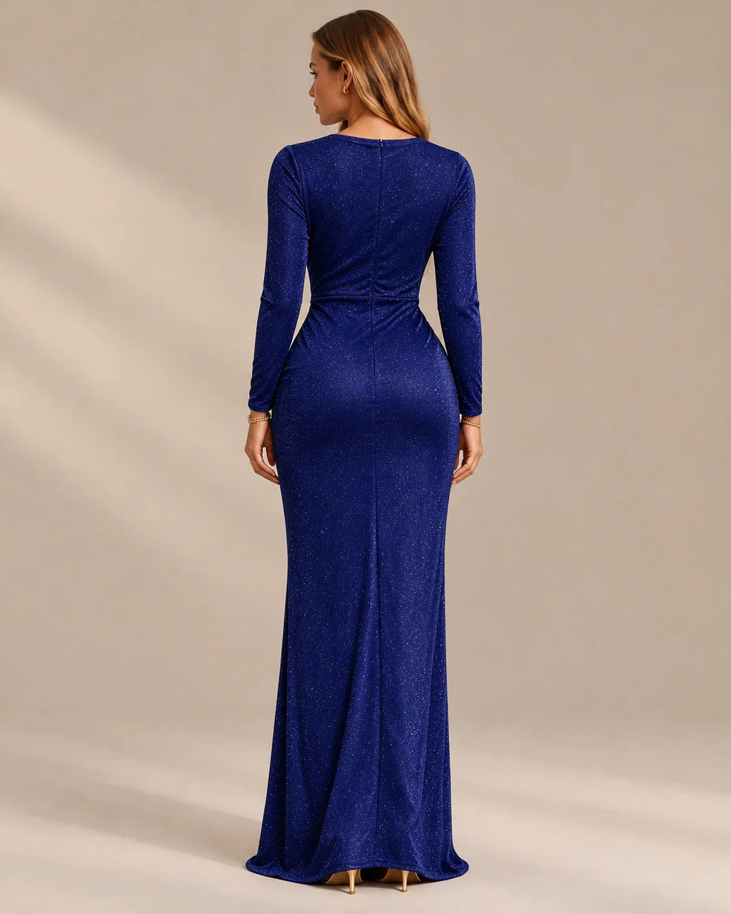 Shimmer Wrap V Neck Long Sleeve Maxi Dress – High Slit Evening Gown | Oyese