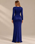 Shimmer Wrap V Neck Long Sleeve Maxi Dress – High Slit Evening Gown | Oyese