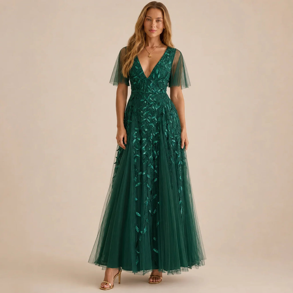 Deep V-Neck Sequin Tulle A-Line Gown – Flutter Sleeve Formal Evening Dress | Oyese