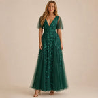 Deep V-Neck Sequin Tulle A-Line Gown – Flutter Sleeve Formal Evening Dress | Oyese