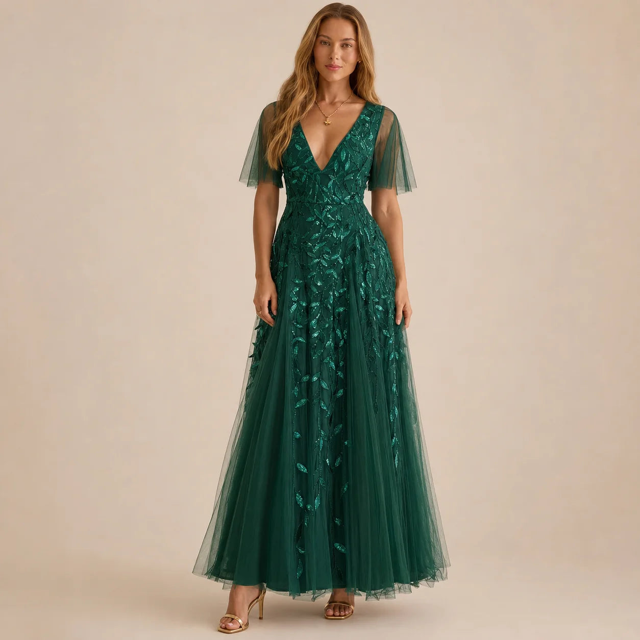 Deep V-Neck Sequin Tulle A-Line Gown – Flutter Sleeve Formal Evening Dress | Oyese