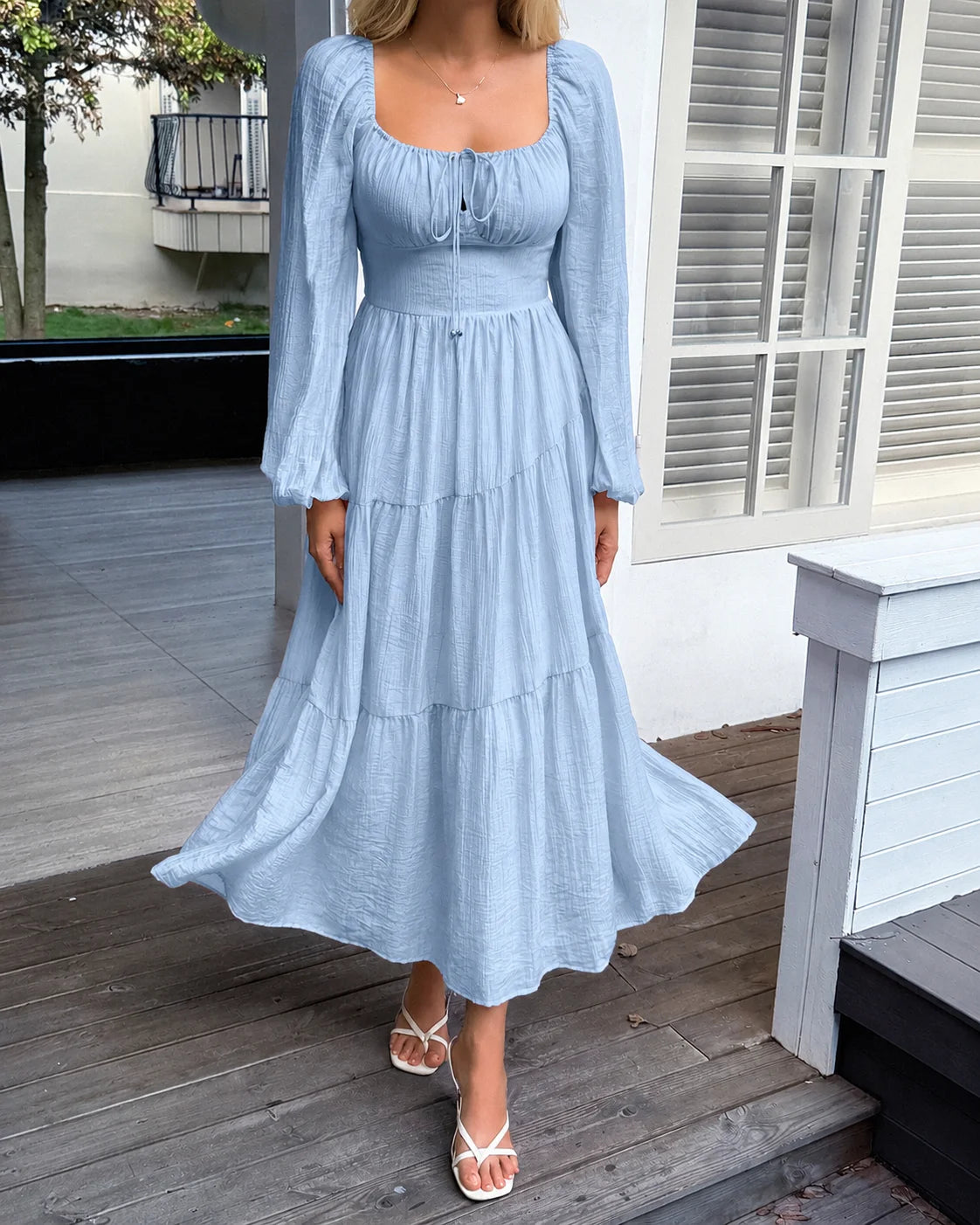 Off-Shoulder Square Neck Tiered Puff Sleeve Maxi Dress | Oyese