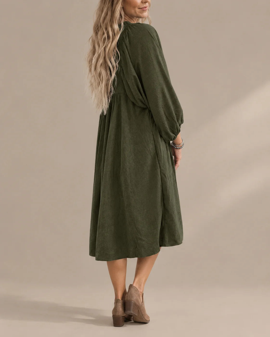Snap Front Corduroy Puff Sleeve Mini Dress | Oyese