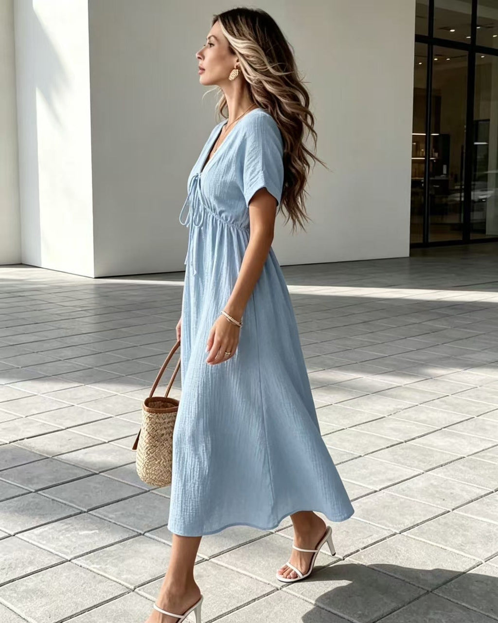 Woman in a light blue dress standing on a tiled pavement.
