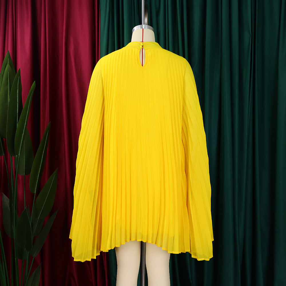 Mock Neck Pleated Chiffon Cape Shift Dress | Oyese