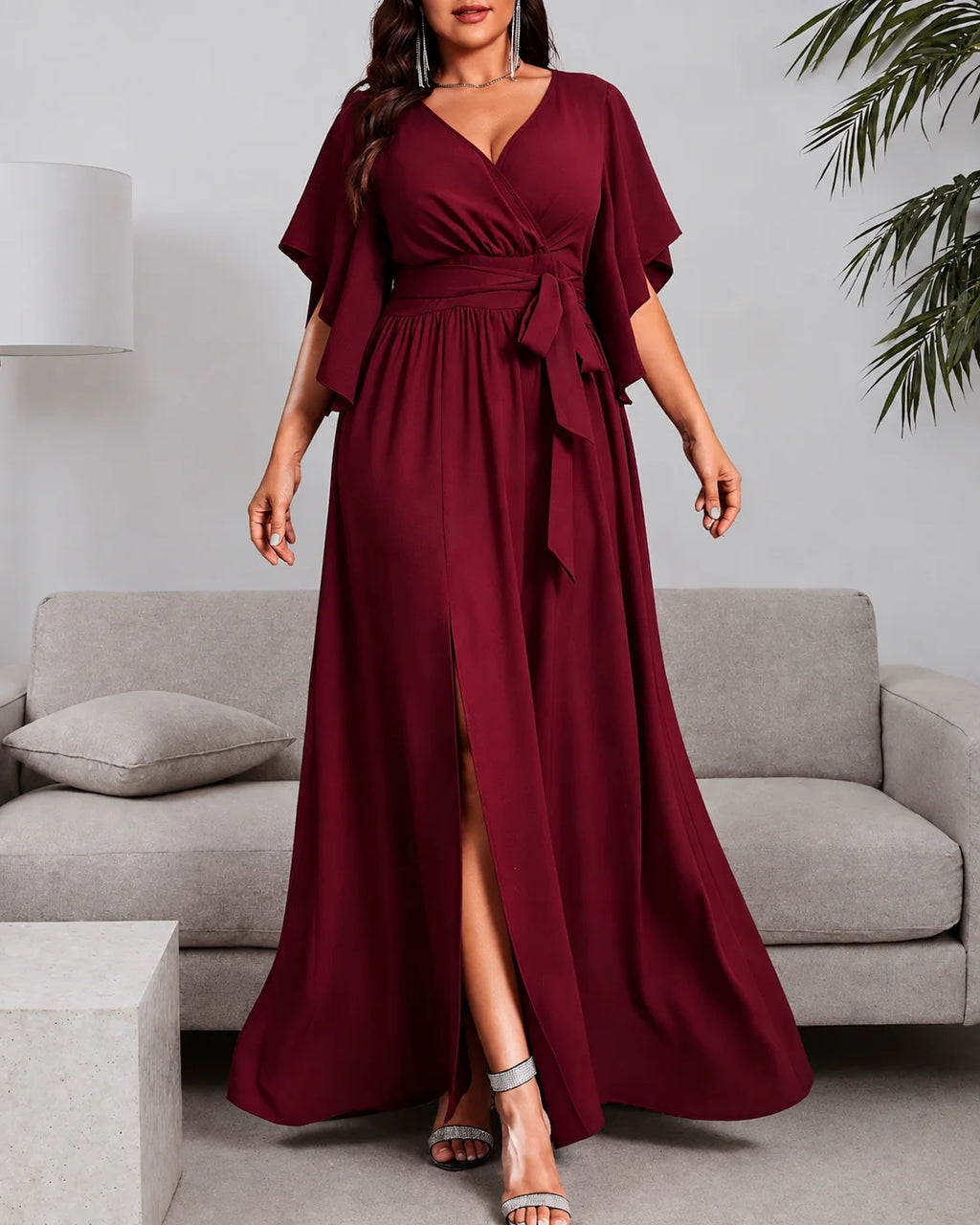 Plus Size Wrap V-Neck Flutter Sleeve Slit Maxi Dress | Oyese