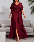 Plus Size Wrap V-Neck Flutter Sleeve Slit Maxi Dress | Oyese