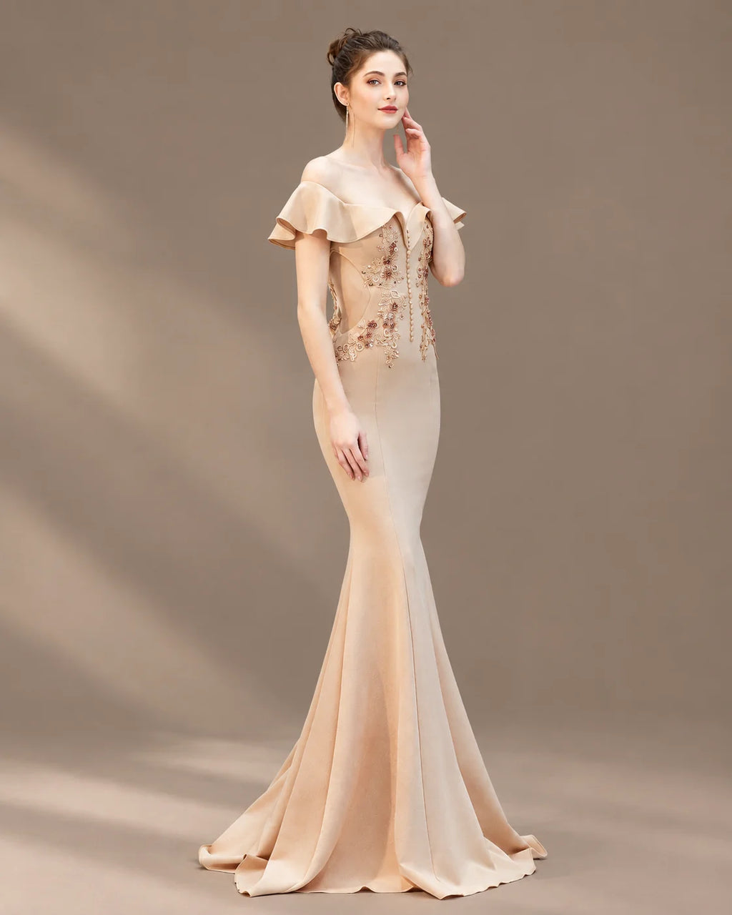 Off-Shoulder Ruffle Sleeve Beaded Mermaid Evening Gown | Oyese