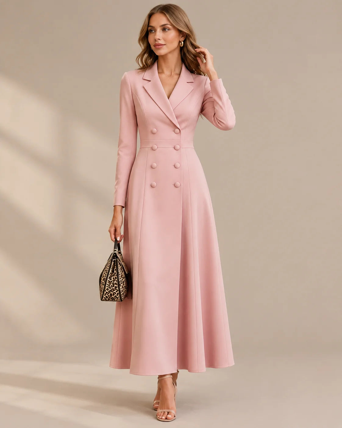 Double-Breasted Long Sleeve Fit and Flare Blazer Maxi Dress | Oyese