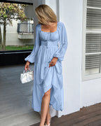 Off-Shoulder Square Neck Tiered Puff Sleeve Maxi Dress | Oyese