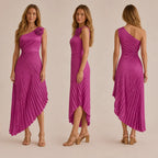 One Shoulder Rosette Pleated Maxi Dress – Cutout Waist Formal Gown | Oyese