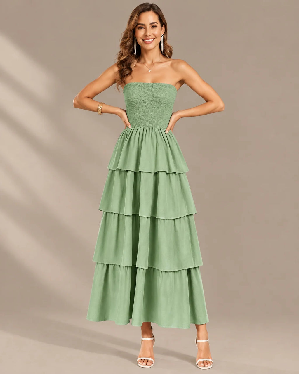 Strapless Smocked Bodice Tiered Maxi Dress | Oyese