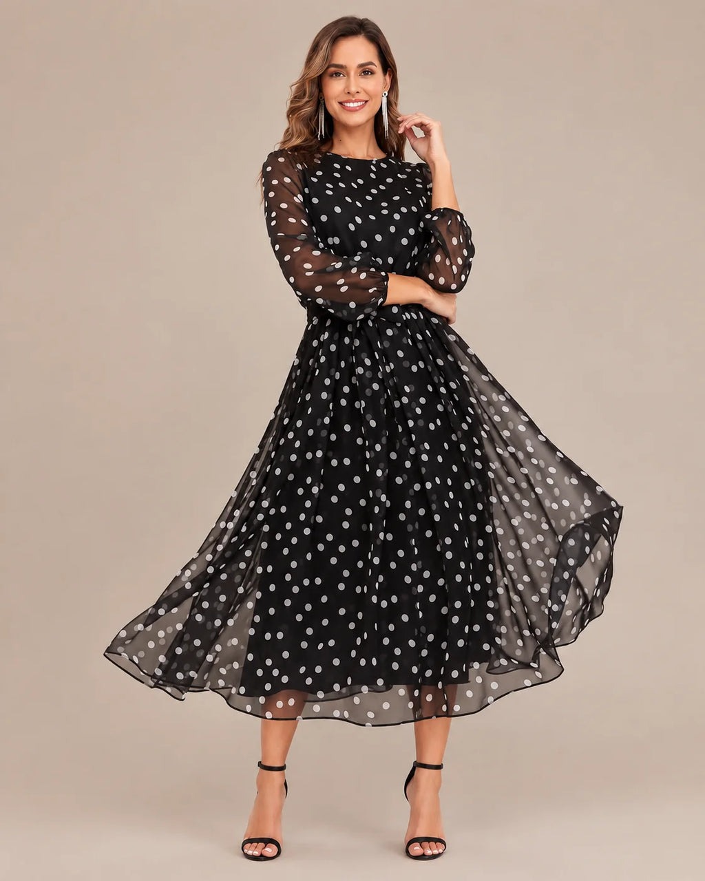 Sheer Long Sleeve Polka Dot Swing Midi Dress | Oyese