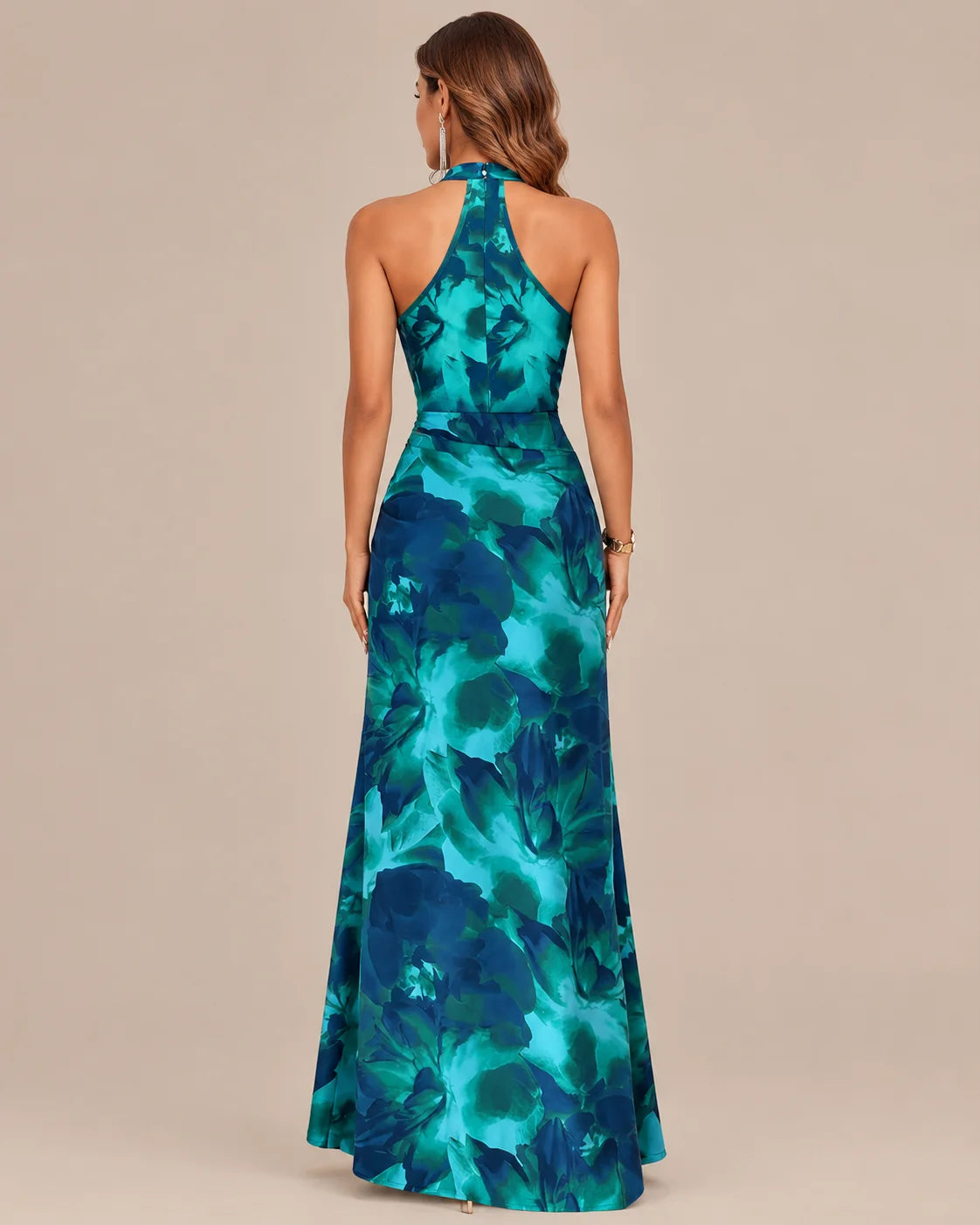 Keyhole Halter Open Back Watercolor Print Maxi Dress | Oyese