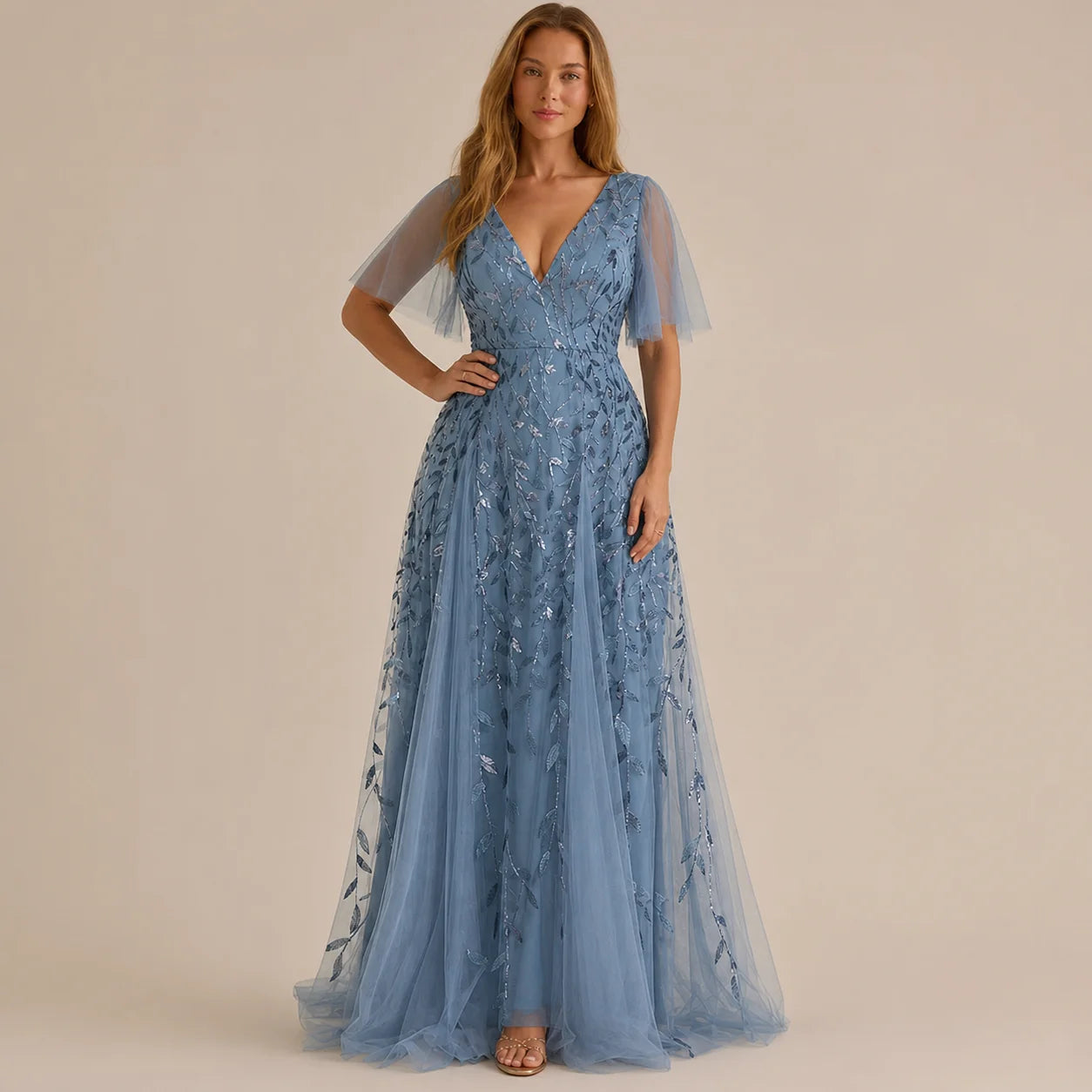 Deep V-Neck Sequin Tulle A-Line Gown – Flutter Sleeve Formal Evening Dress | Oyese
