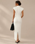 Funnel Neck Power Shoulder Sheath Midi Dress | Oyese