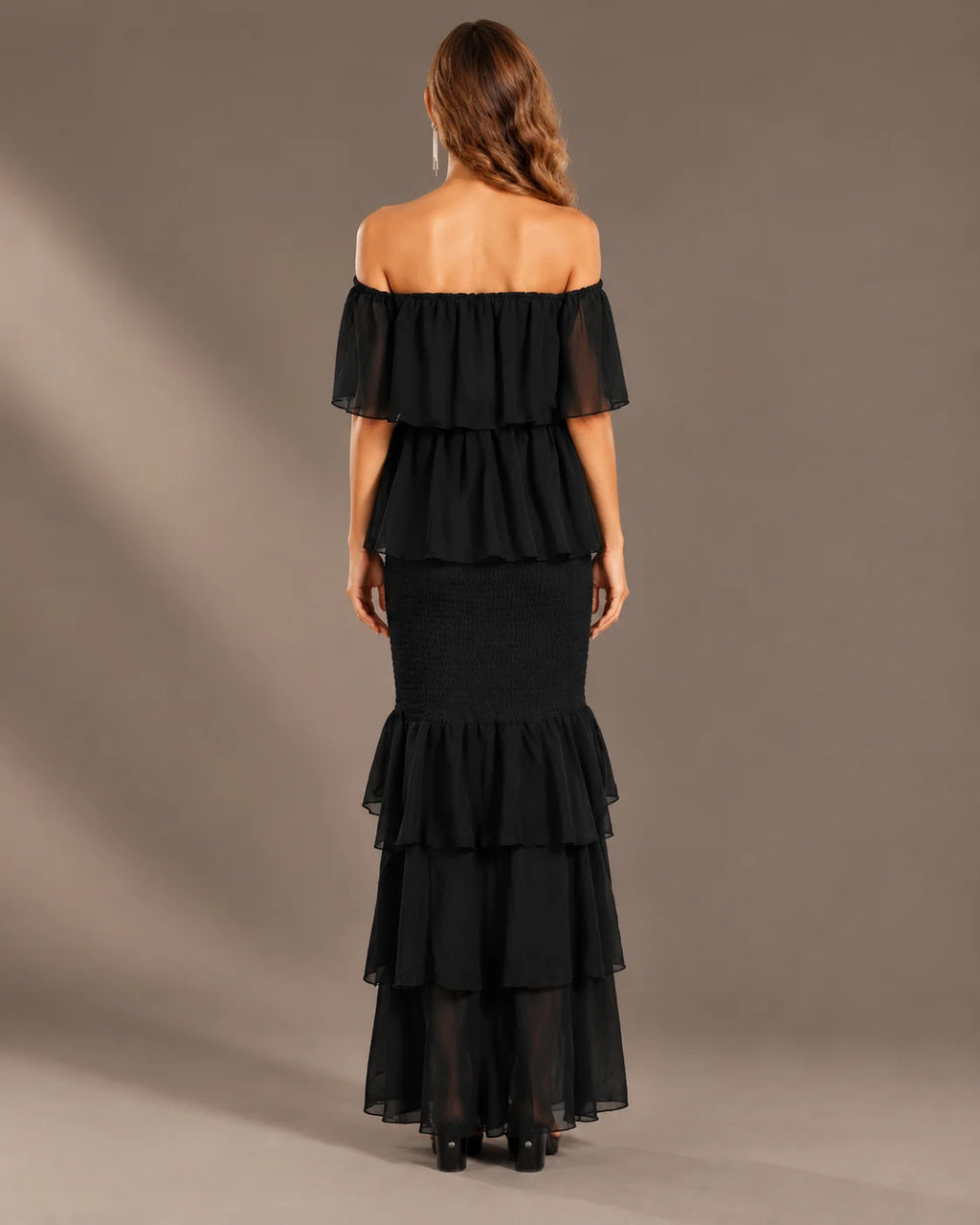 Strapless Pleated Tiered Ruffle Fitted Maxi Dress | Oyese
