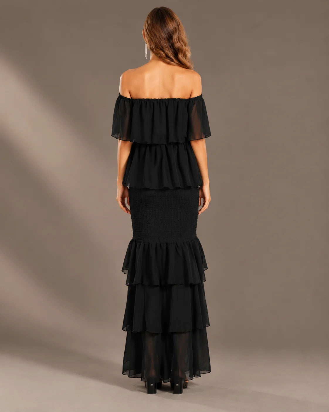 Strapless Pleated Tiered Ruffle Fitted Maxi Dress | Oyese