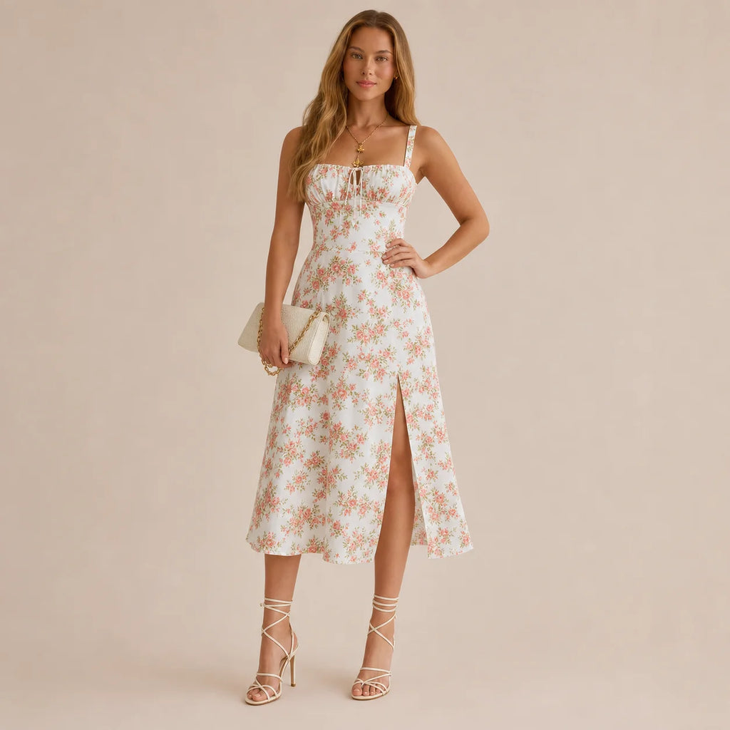 Square Neck Tie Front A-Line Midi Dress – Floral & Solid Summer Dress | Oyese