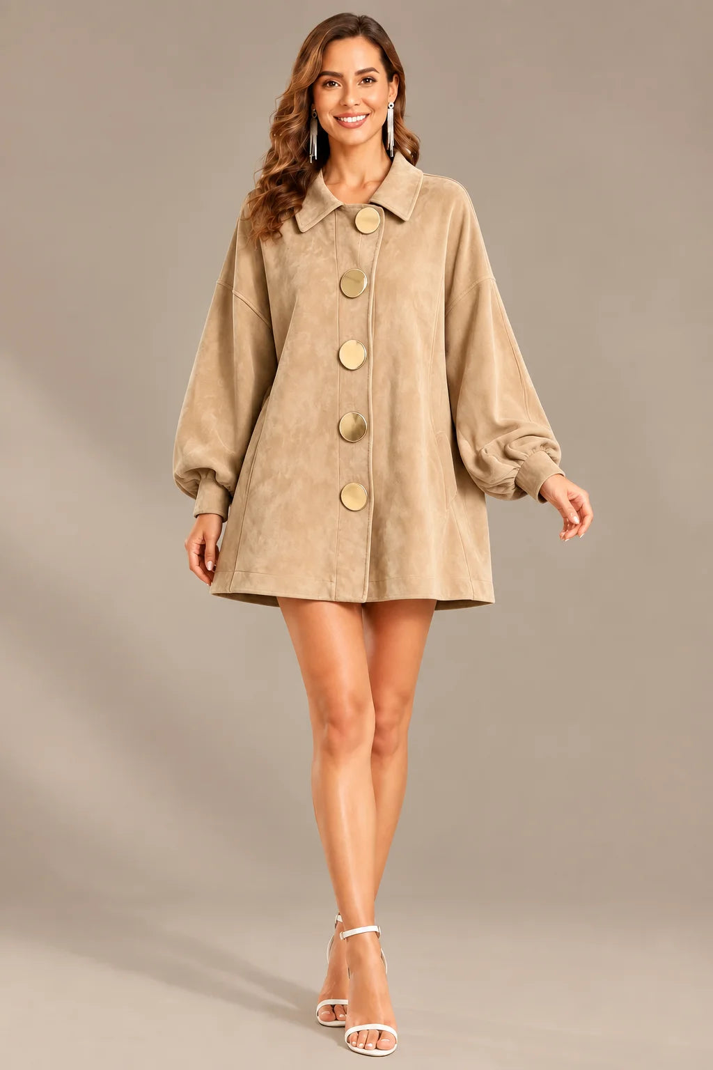 Women's Suede-Look Lapel Coat with Gold Buttons | Oyese