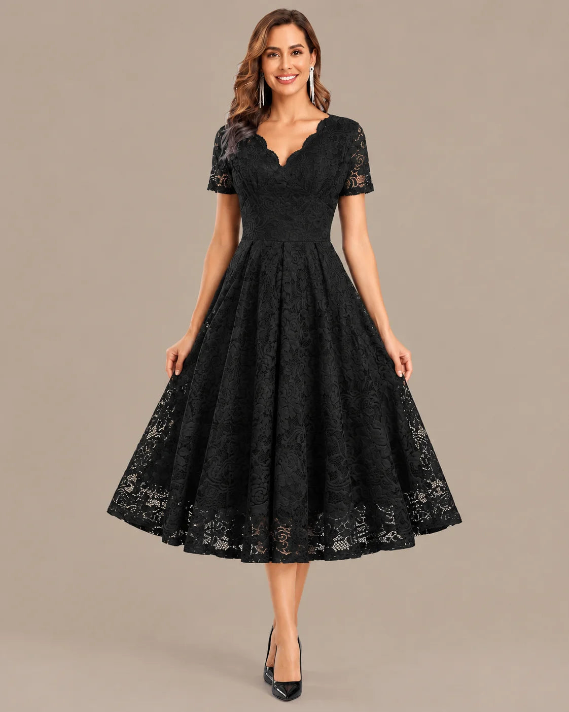 Lace V-Neck Short Sleeve Fit-and-Flare Knee Dress | Oyese