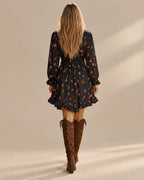 Ruffle Trim V-Neck Ditsy Floral Long Sleeve High-Low Mini Dress | Oyese