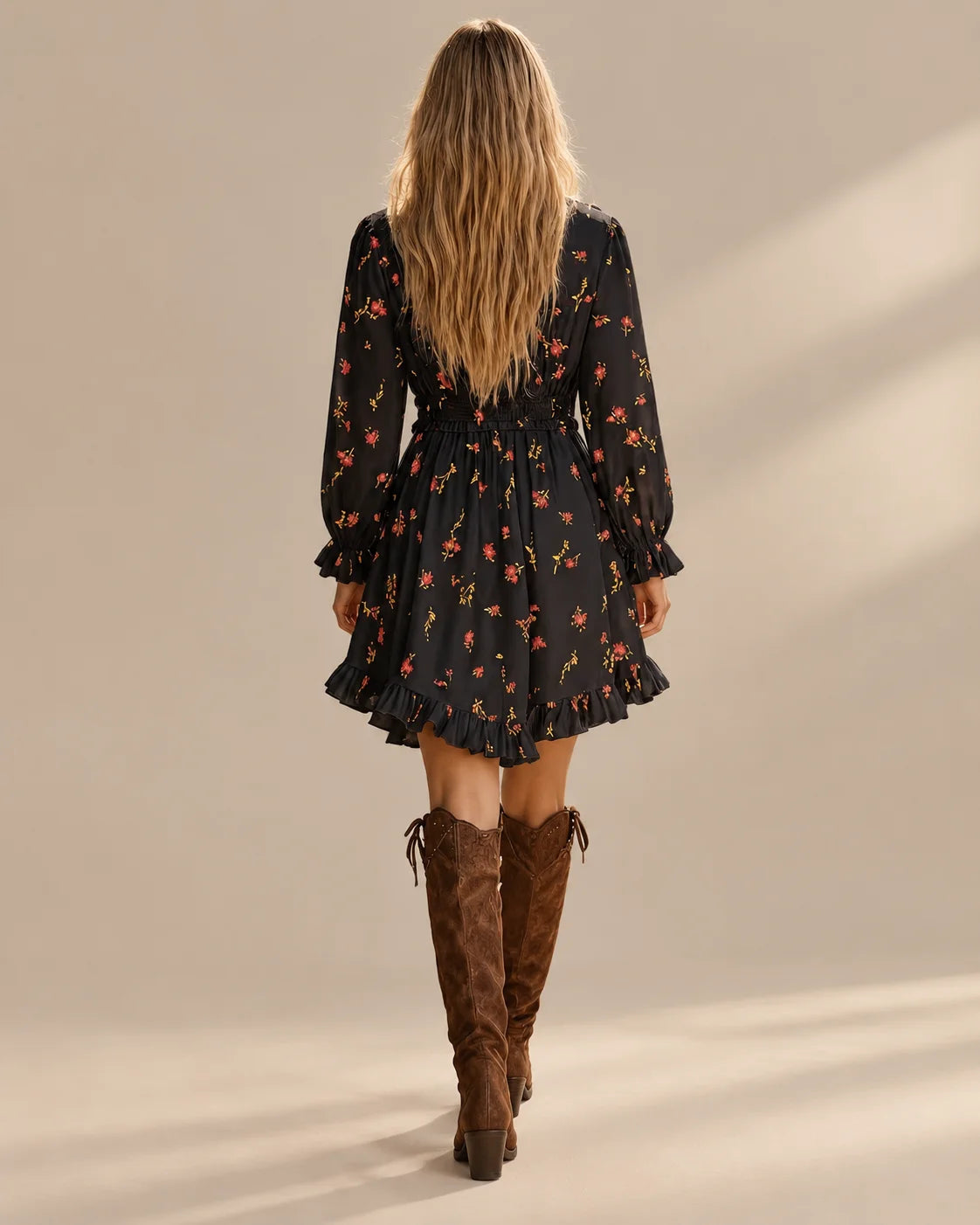 Ruffle Trim V-Neck Ditsy Floral Long Sleeve High-Low Mini Dress | Oyese