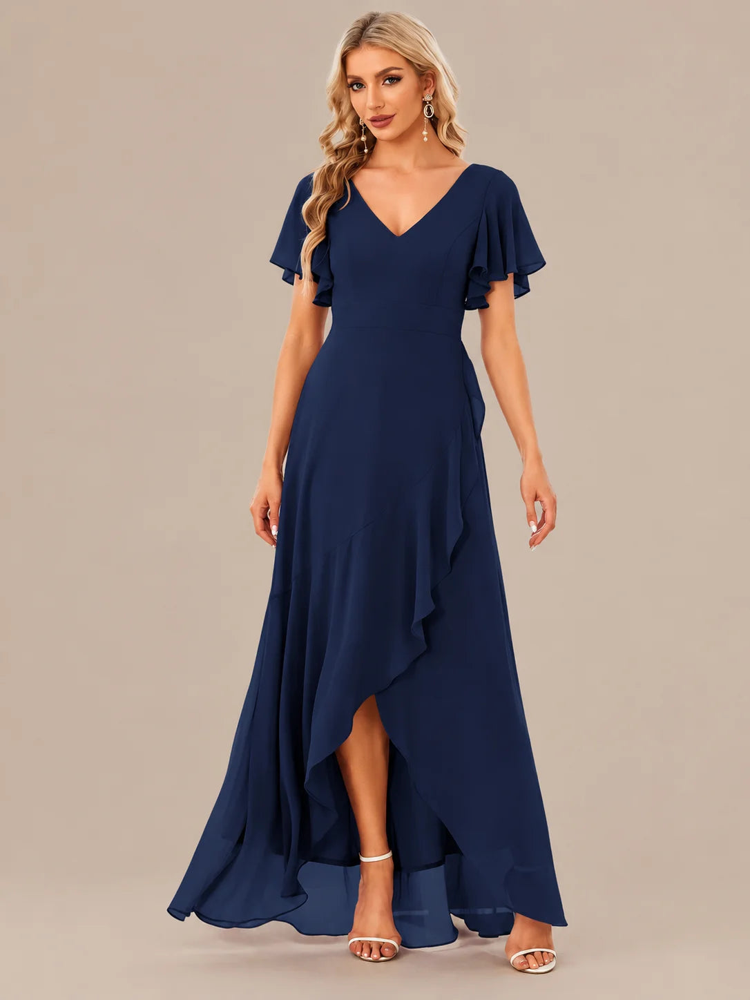 Double V-Neck Flutter Sleeve Flowy Slit Maxi Gown | Oyese