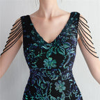 V-Neck Floral Sequin Embroidered Mermaid Evening Gown | Oyese
