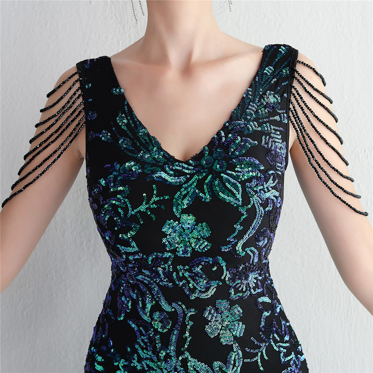 V-Neck Floral Sequin Embroidered Mermaid Evening Gown | Oyese