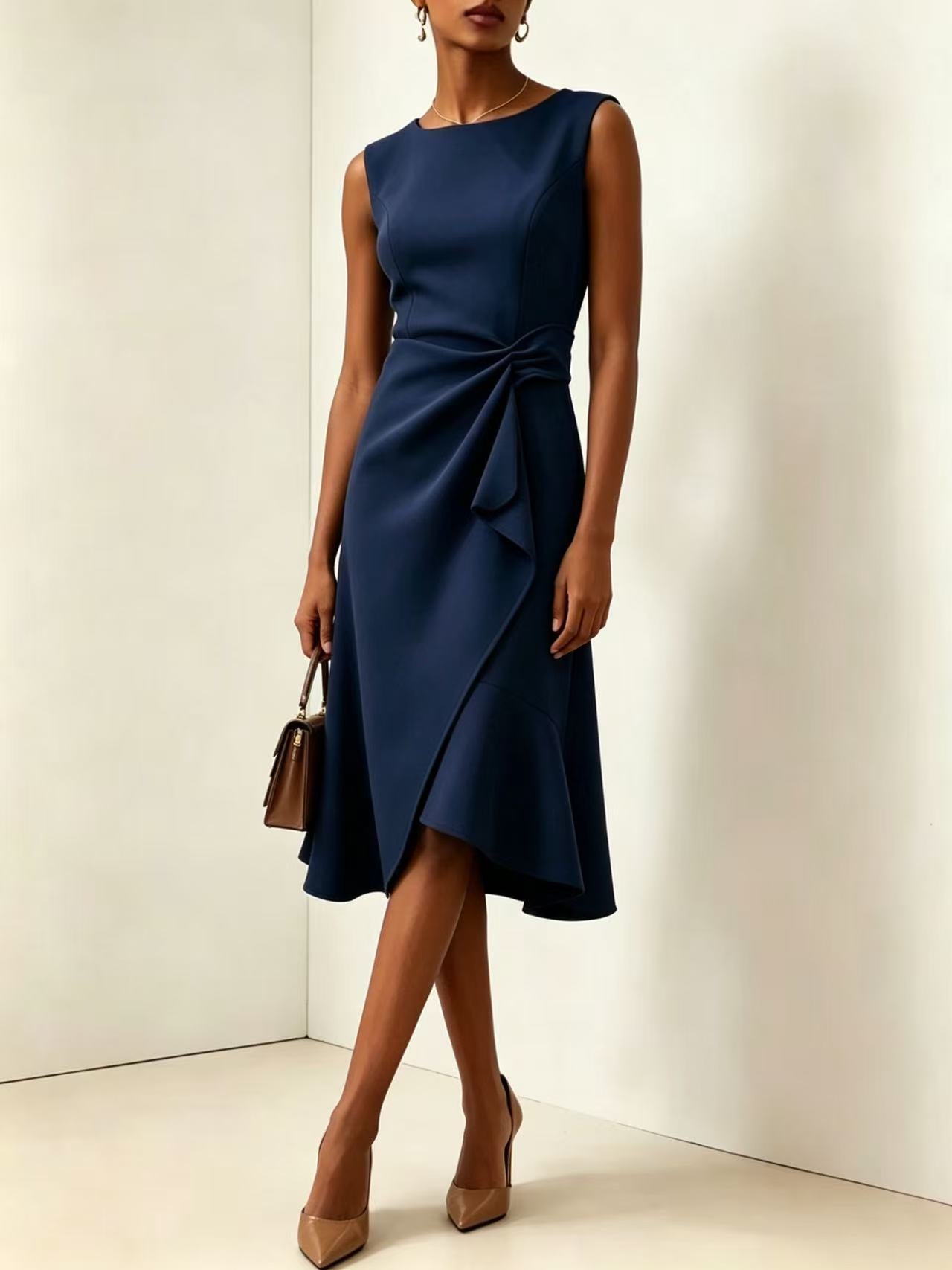 Twisted Knot Waist Midi Dress – Sleeveless Round Neck Office Dress | Oyese