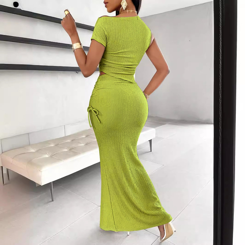 One Shoulder Crop Top & Ruched Mermaid Skirt Set – Asymmetric 2-Piece | Oyese