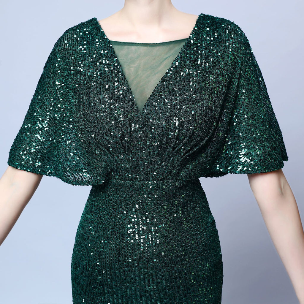 V-Neck Batwing Sleeve Sequin Mermaid Evening Gown | Oyese
