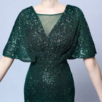 V-Neck Batwing Sleeve Sequin Mermaid Evening Gown | Oyese