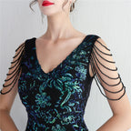 V-Neck Floral Sequin Embroidered Mermaid Evening Gown | Oyese