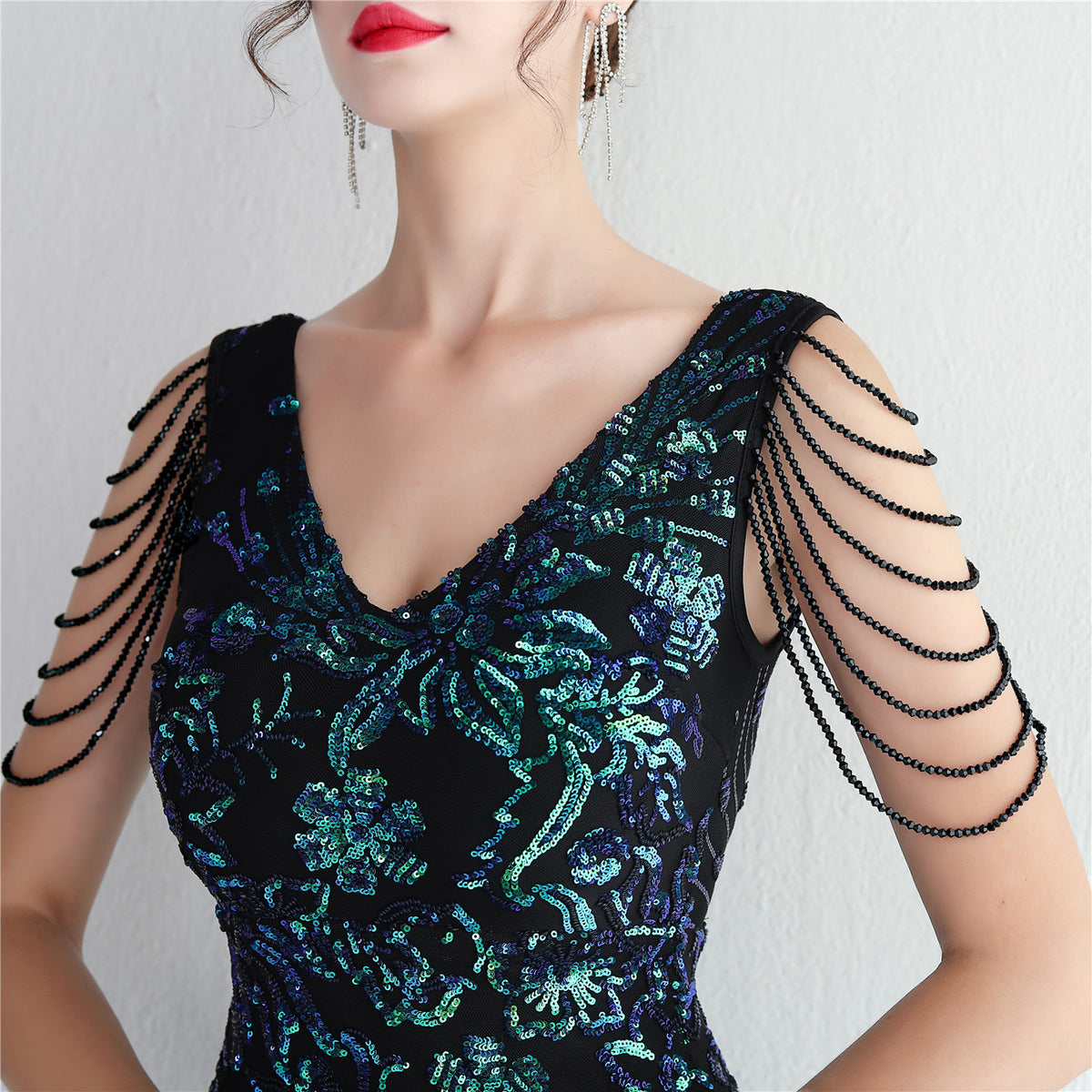 V-Neck Floral Sequin Embroidered Mermaid Evening Gown | Oyese