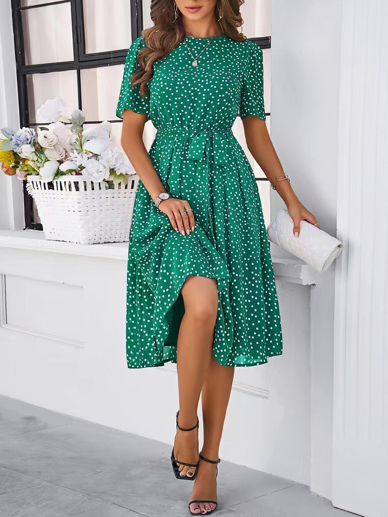 Polka Dot Tie Waist Fit-and-Flare Midi Dress | Oyese