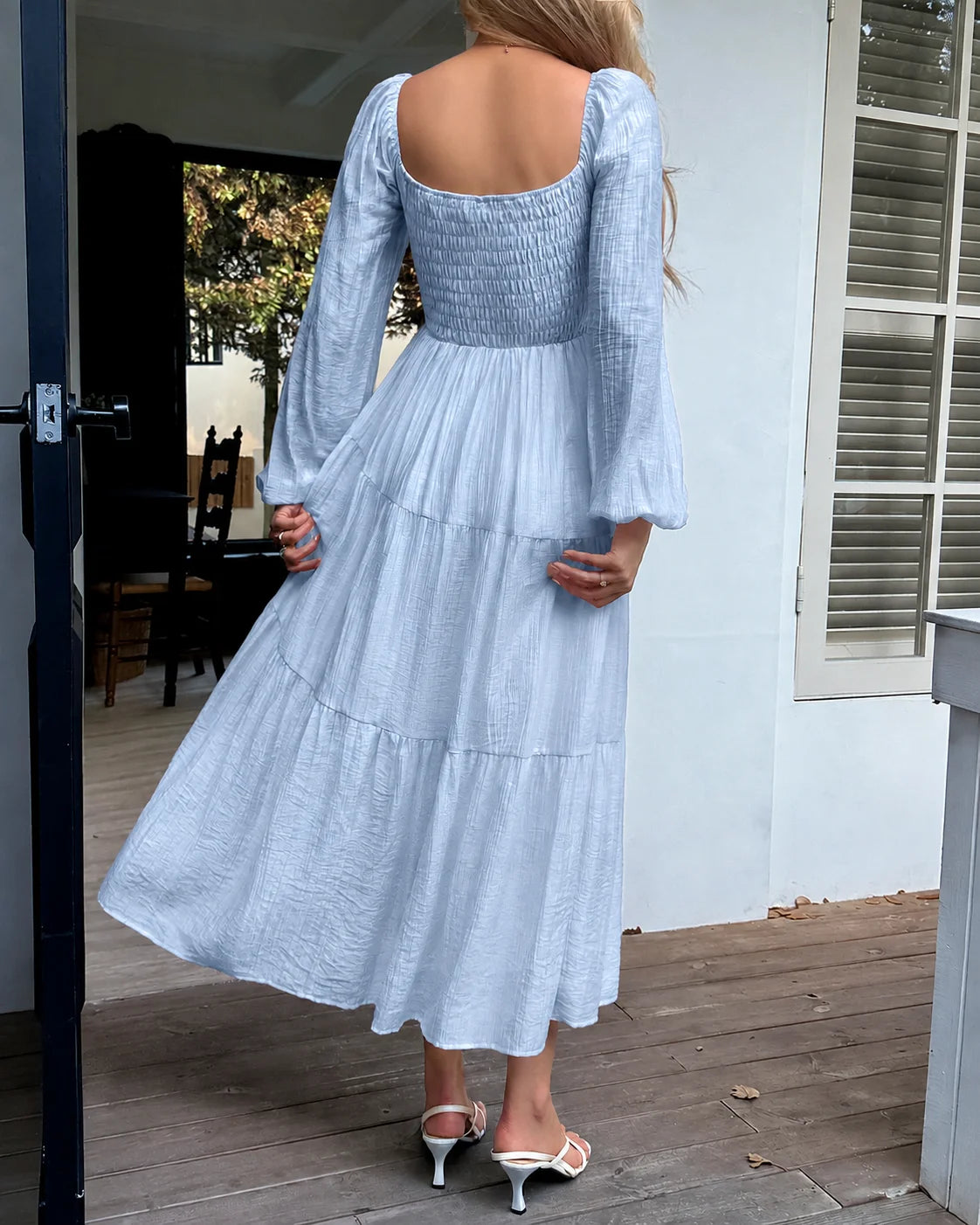 Off-Shoulder Square Neck Tiered Puff Sleeve Maxi Dress | Oyese