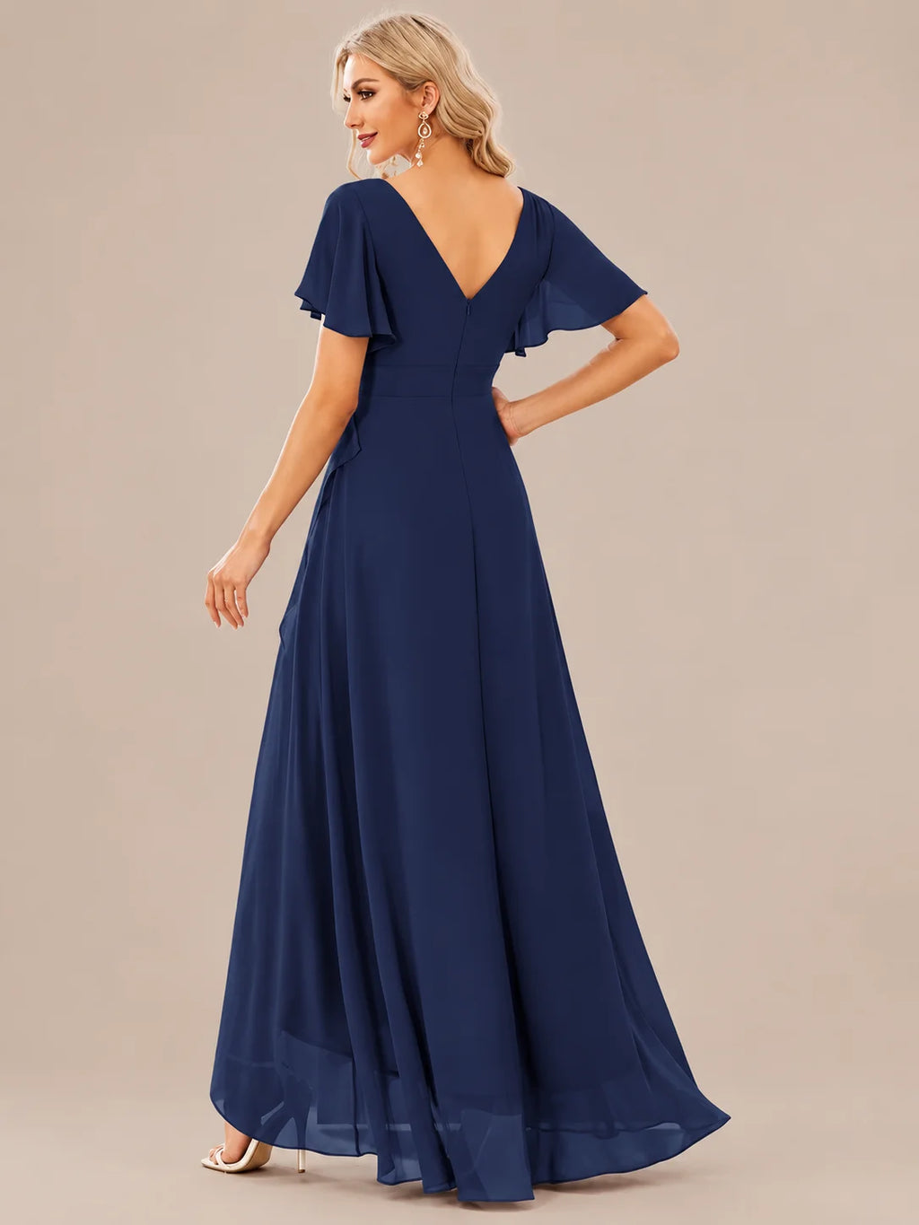 Double V-Neck Flutter Sleeve Flowy Slit Maxi Gown | Oyese