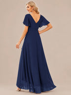 Double V-Neck Flutter Sleeve Flowy Slit Maxi Gown | Oyese