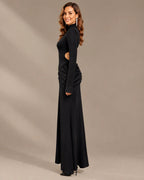 High Neck Long Sleeve Ruched Maxi Dress with Waist Cutouts | Oyese