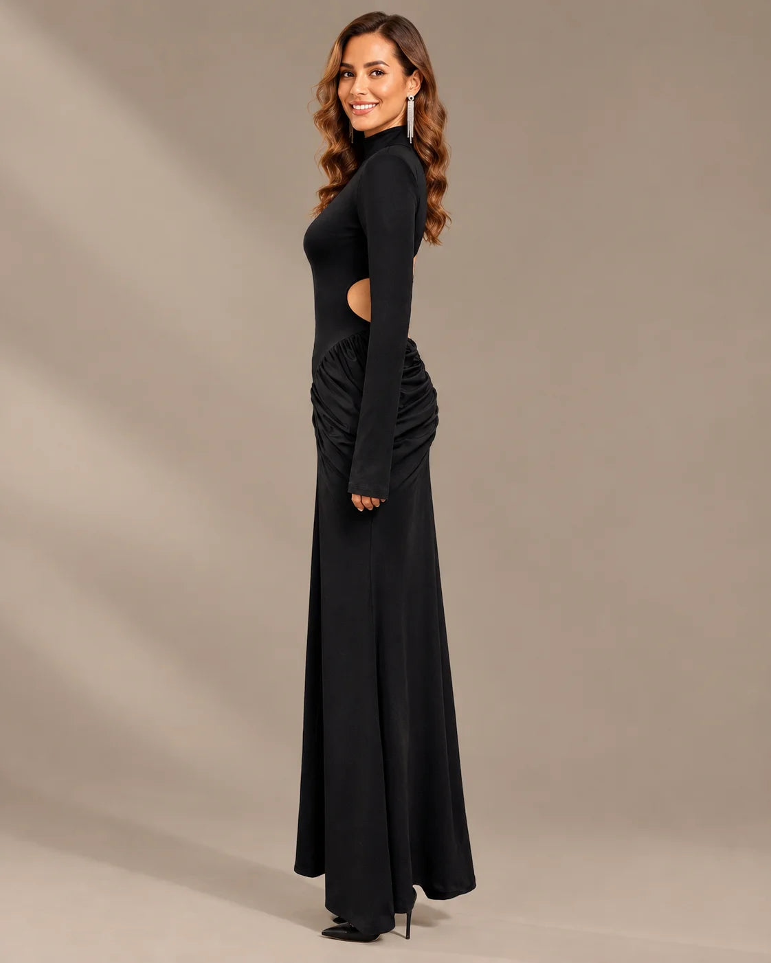 High Neck Long Sleeve Ruched Maxi Dress with Waist Cutouts | Oyese