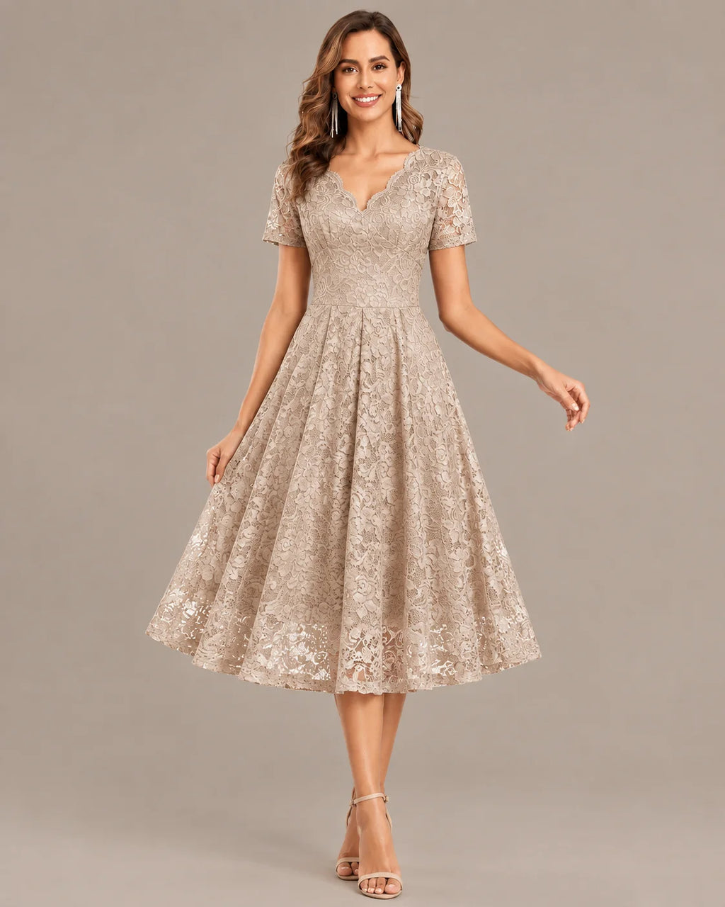 Lace V-Neck Short Sleeve Fit-and-Flare Knee Dress | Oyese