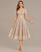 Lace V-Neck Short Sleeve Fit-and-Flare Knee Dress | Oyese