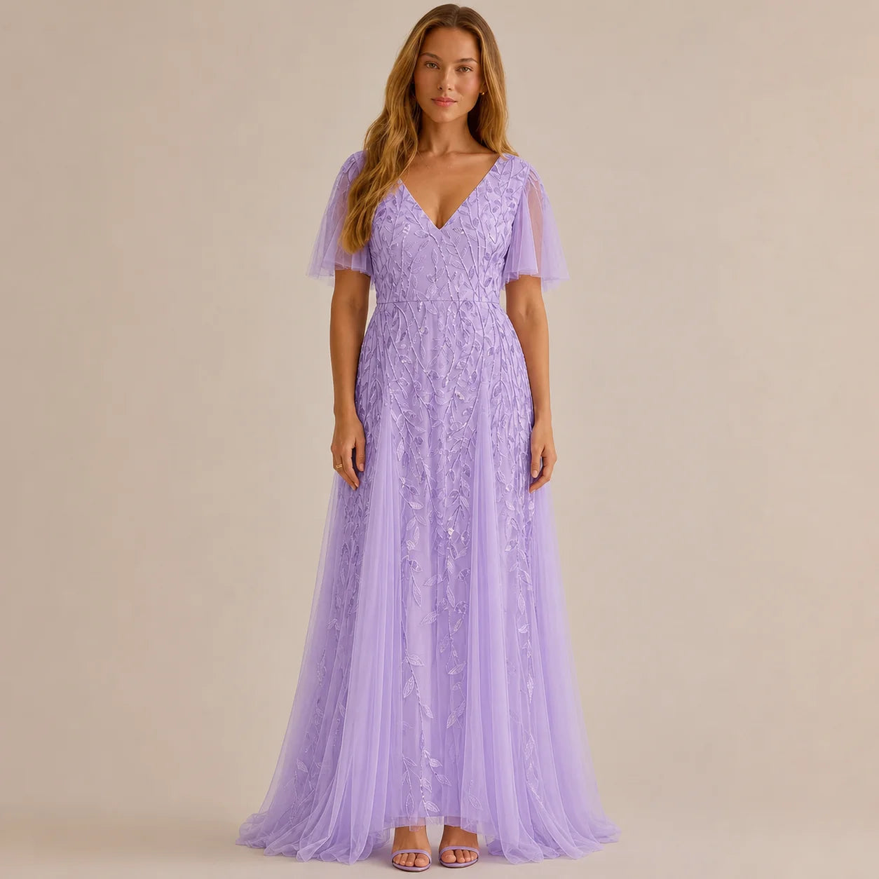 Deep V-Neck Sequin Tulle A-Line Gown – Flutter Sleeve Formal Evening Dress | Oyese