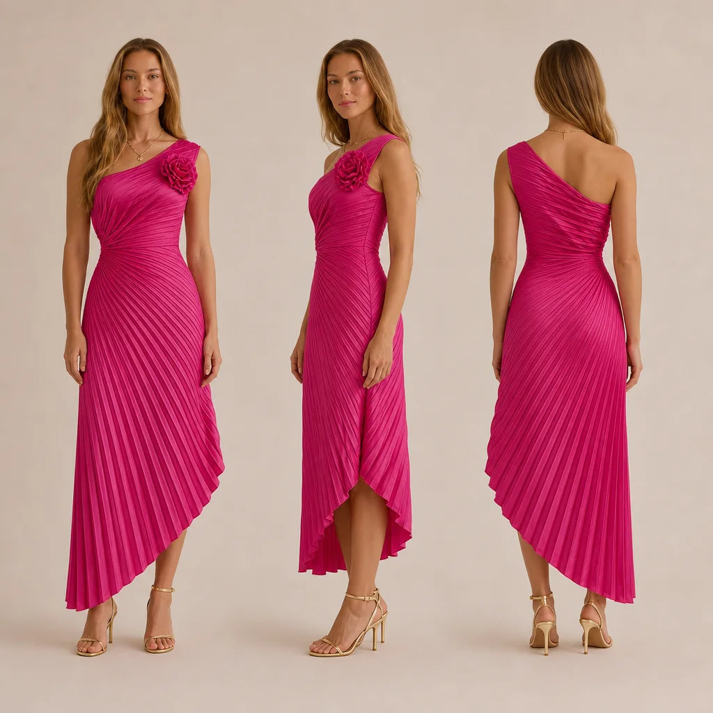 One Shoulder Rosette Pleated Maxi Dress – Cutout Waist Formal Gown | Oyese