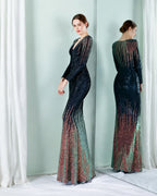 Deep V Long Sleeve Ombre Sequin Mermaid Evening Gown | Oyese