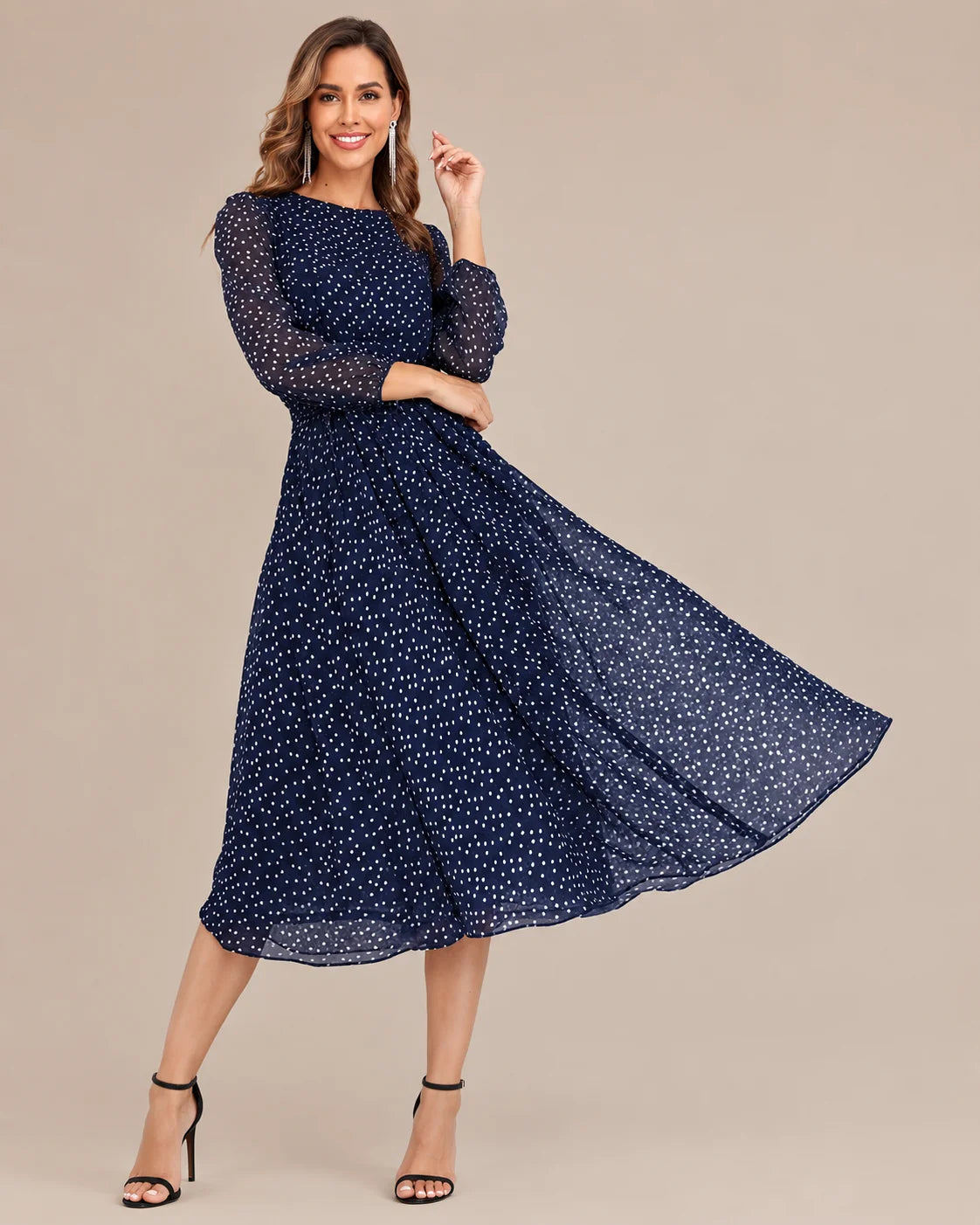 Sheer Long Sleeve Polka Dot Swing Midi Dress | Oyese