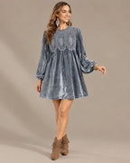 Velvet Lace Yoke Long Puff Sleeve Babydoll Mini Dress | Oyese